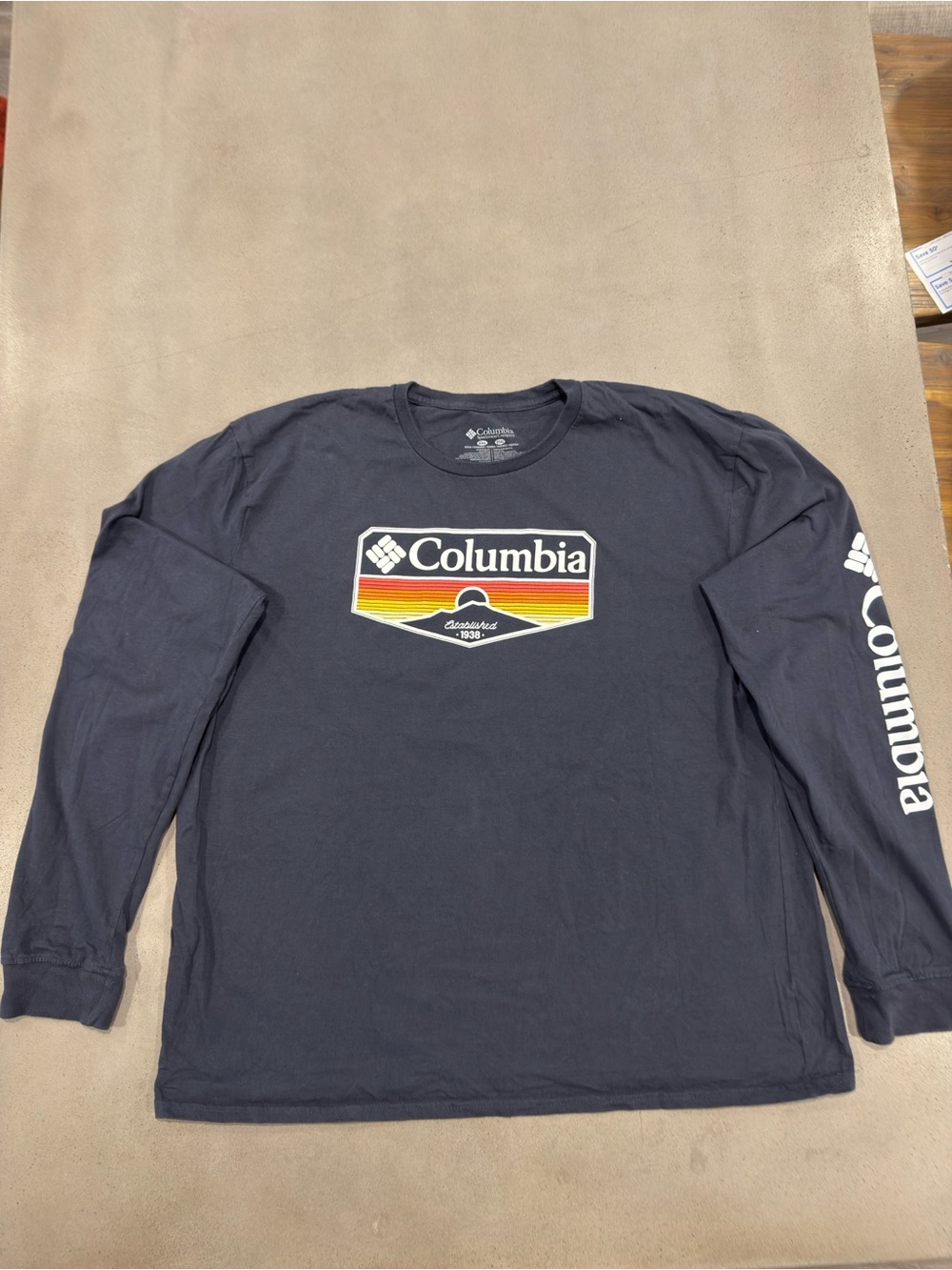 Columbia Navy Long Sleeve Logo Tee with Sunset Graphic